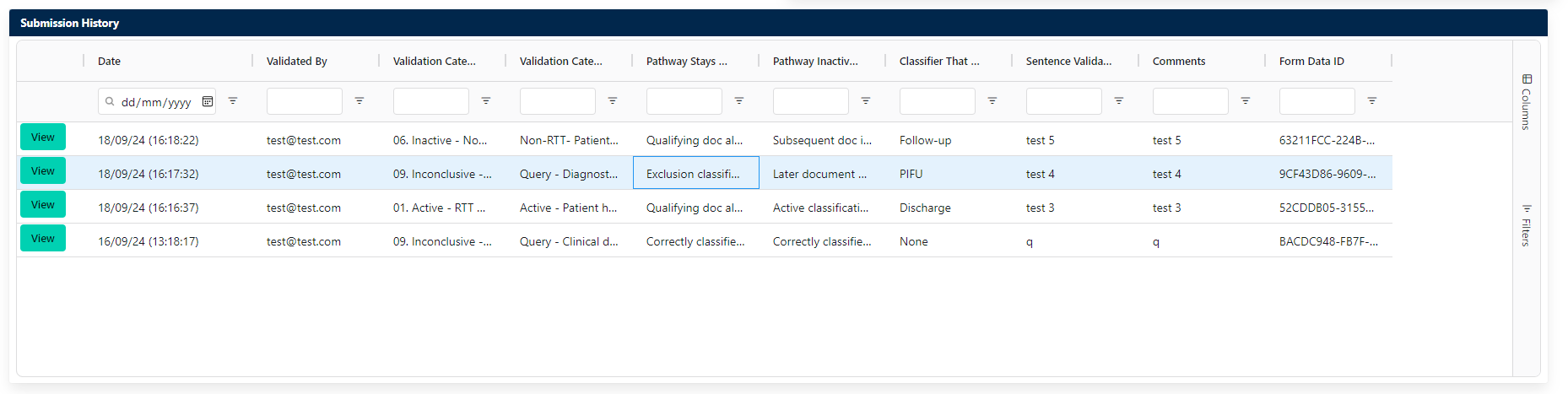 Form submission history grid