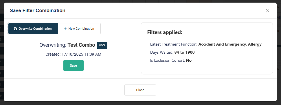 Filter Combo Save Modal Existing