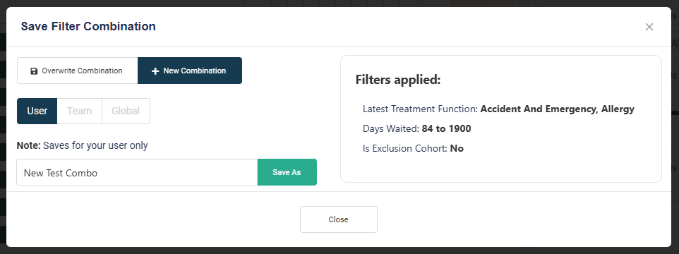 Filter Combo Save Modal New