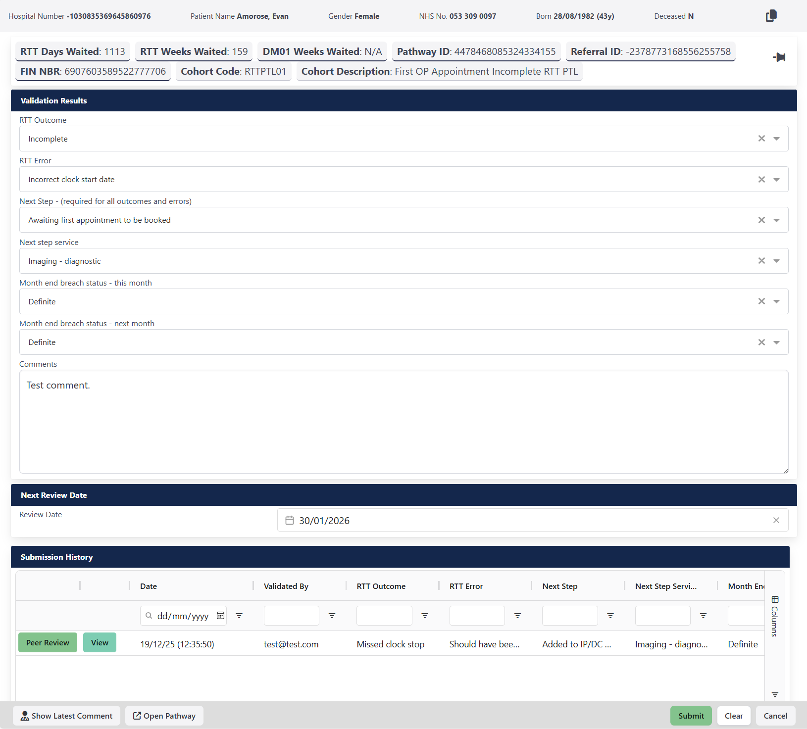 RTT Error Validation Form