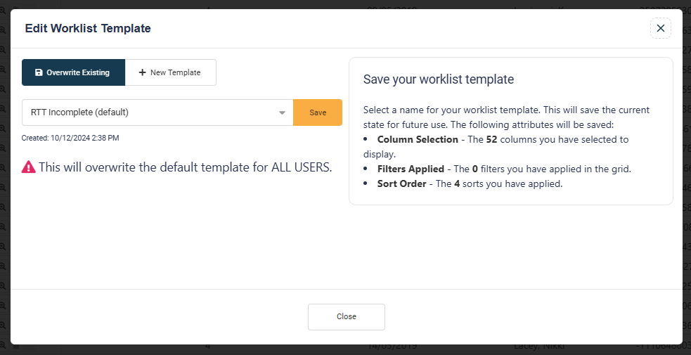 Save Existing Worklist Template